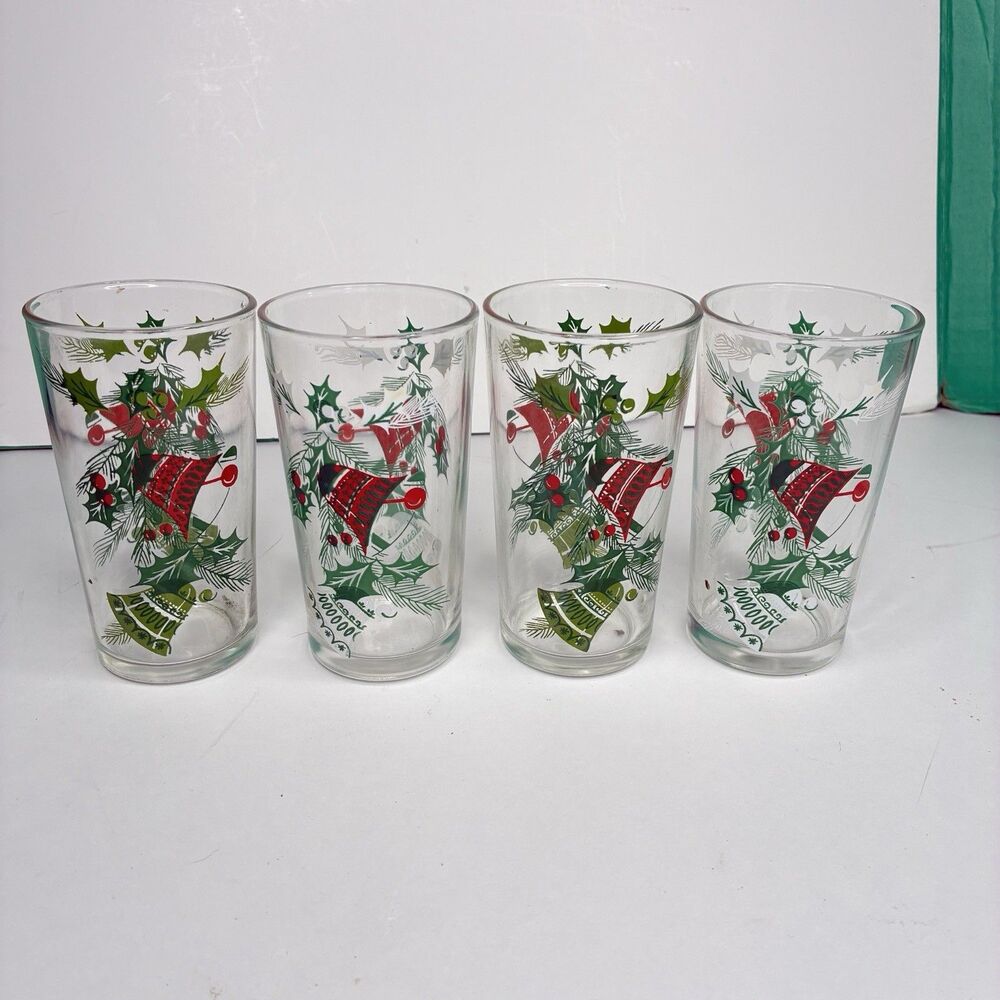 Hazel Atlas Merry Christmas Tumblers Ringing Bells Mistletoe Berries Set 4 VTG